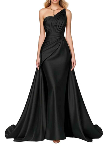 Vestido de noche de gala maxi de satén con cola, drapeado fruncido asimétrico de un hombro tipo sirena