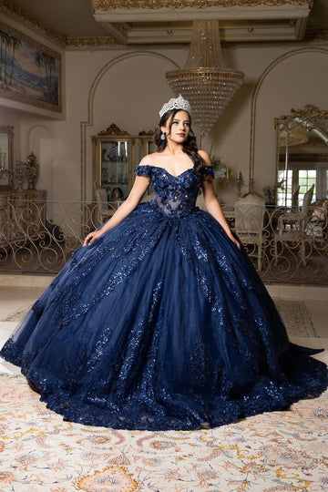 Navy blue off-shoulder ball gown Quinceañera dress with sparkling lace appliqués