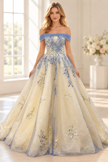 Front view of a Vedress blue and champagne tulle wedding dress with an off-shoulder neckline, sparkling vine details and a full ball gown skirt
