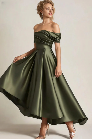 Off the Shoulder Ruched Elegant Cocktail Dress Satin Ruched Party Dress With Pocket