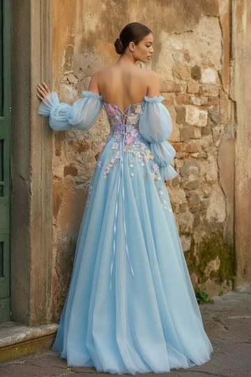 Vestido de Fiesta Largo con Flores 3D de Tul en A con Hombros Descubiertos y Abertura Alta