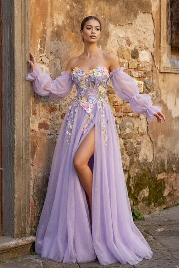 A-Line Off-the-Shoulder Tulle 3D Flower Floor Length Prom Dress With Hight Slit