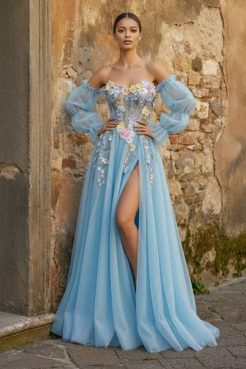Vestido de Fiesta Largo con Flores 3D de Tul en A con Hombros Descubiertos y Abertura Alta