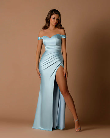 Glamorous Off-The-Shoulder Ruched Satin Formal Gown Evening Dress With Hight Slit