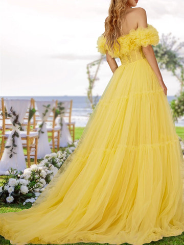 A-Line/Princess Off-the-Shoulder Prom Dresses Ruffled Tulle Evening Gown