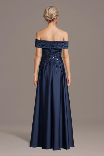 A-line Off-the-Shoulder Sequin Applique Satin Maxi Gown Mother of the Bride Dress