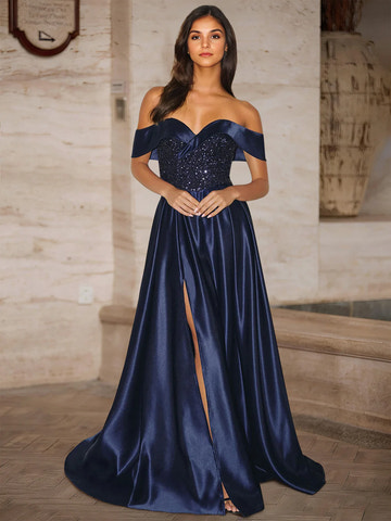 Vestidos de Noche Largos sin Hombros sin Mangas de Satén con Lentejuelas para Fiesta de Graduación con Abertura Lateral