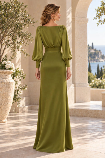 Back view of olive green mother of the bride dress featuring high covered back, gathered bodice, bishop sleeves with button cuffs and long column skirt