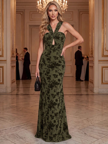 Olive green floral mermaid wedding guest dress with a halter neckline, front keyhole cutout, fitted waist and floor-length skirt.