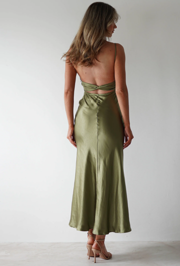 Spaghetti Strap Satin Slit Maxi Dress Bridesmaid Dresses with Backless Draped Bust Soft Satin