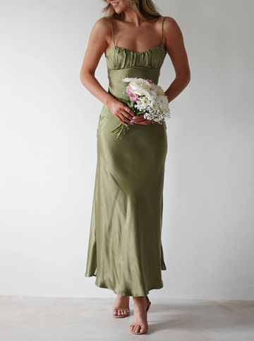 Spaghetti Strap Satin Slit Maxi Dress Bridesmaid Dresses with Backless Draped Bust Soft Satin