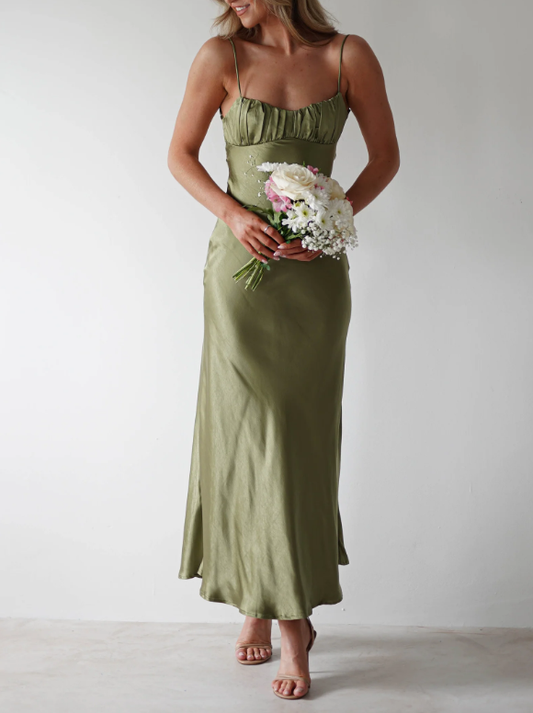 Spaghetti Strap Satin Slit Maxi Dress Bridesmaid Dresses with Backless Draped Bust Soft Satin