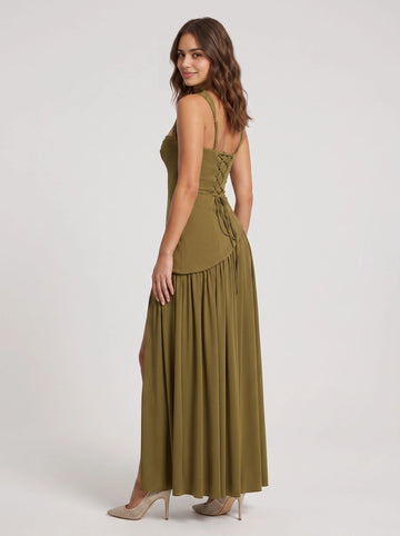 Olive green a‑line long bridesmaid dress square shoulder straps corset bodice detachable scarf high slit chiffon skirt lace‑up back from Vedress