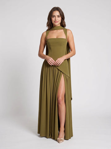 Olive green a‑line long bridesmaid dress square shoulder straps corset bodice detachable scarf high slit chiffon skirt lace‑up back from Vedress