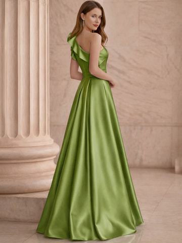 A-Line One-Shoulder Ruffle Satin Formal Corset Evening Dress Cocktail Dress