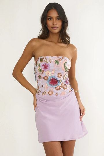 Ornate Embroidered Draped Strapless Sleeveless Chiffon Mini Floral Appliqué Party Dress