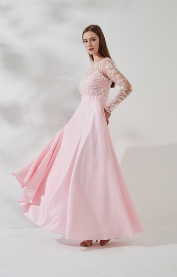Round Neck Tulle Long Sleeve A-Line Long Lace Sleeve Open Back Floor-Length Evening Gown