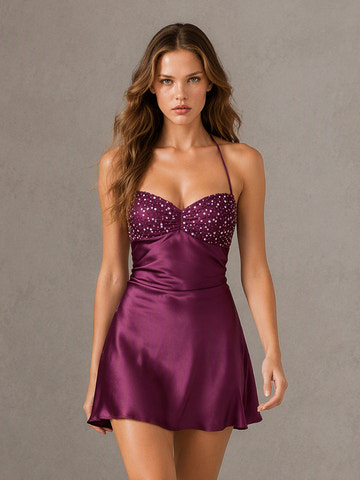 Striking A-Line Sweetheart Halter Open-Back Satin Mini Homecoming Dress