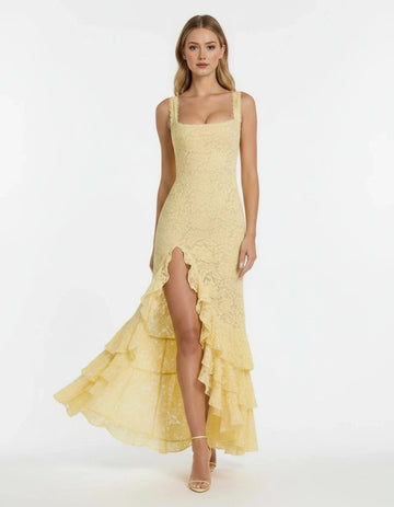 Pale yellow lace square neck wedding guest dress with ruffle hem