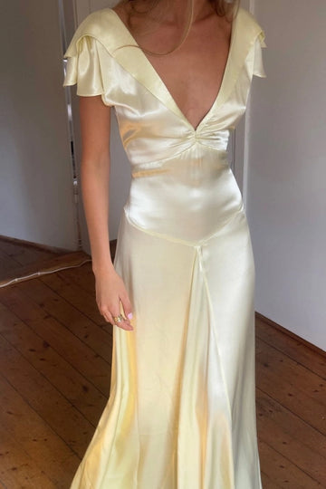 Pale yellow V neck flutter sleeve floor length wedding guest dress by Vedress