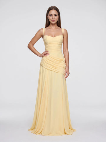 Pale yellow a‑line long bridesmaid dress sweetheart neckline ruched draped waist criss‑cross spaghetti straps lace‑up corset back chiffon gown from Vedress