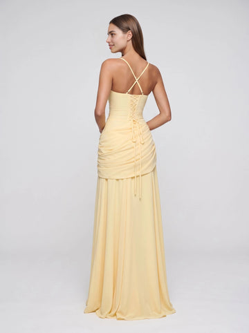 Pale yellow a‑line long bridesmaid dress sweetheart neckline ruched draped waist criss‑cross spaghetti straps lace‑up corset back chiffon gown from Vedress