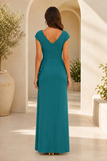 Back view of Peacock mother of the bride dress featuring V-shaped back neckline, center zipper, fitted waist and floor-length sheath skirt