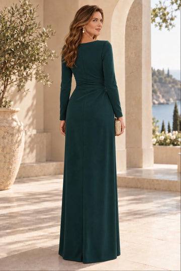 Back view of pine green mother of the bride dress with high covered back, long sleeves, softly ruched waist and floor-length sheath skirt