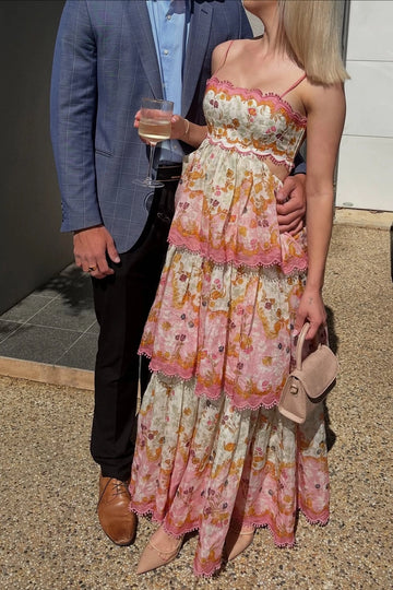 Pink floral sweetheart spaghetti strap maxi wedding guest dress with tiered skirt by Vedress