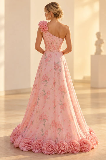Back of Vedress pink floral prom dress with an asymmetric neckline, center-back zipper and floor-length skirt edged with 3D roses.