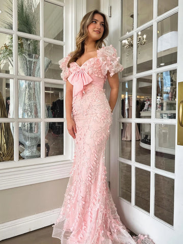 Pink sweetheart puff sleeve mermaid prom dress with 3D floral appliqués by Vedress