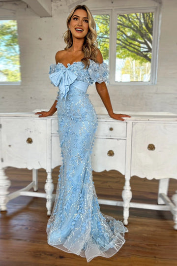 Romantic Mermaid Sweetheart Puff Sleeve Bow Back Floor Length Prom Dress