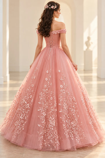 Back view of a Vedress pink prom dress with a ribbon lace-up bodice, floral off-shoulder bands and a full lace-appliqued tulle skirt