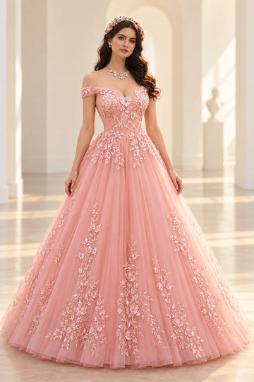 Front view of a Vedress pink tulle prom ball gown with floral lace appliques, a sweetheart neckline and off-shoulder bands