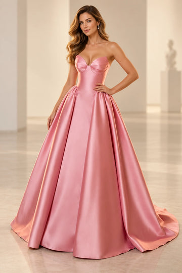 Elegant Satin Ball-Gown Sweetheart Strapless Zipper-Back Sweep-Train Prom Dress