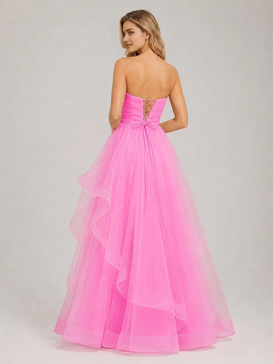Pink floor length prom dress with lace-up corset back and layered tulle skirt by Vedress