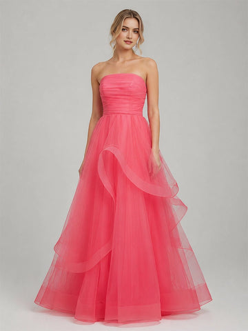 Dreamy Ball Gown Straight Neck Strapless Lace-Up Floor Length Prom Dress