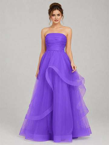 Dreamy Ball Gown Straight Neck Strapless Lace-Up Floor Length Prom Dress