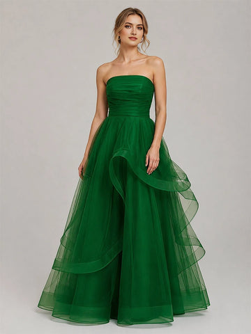 Dreamy Ball Gown Straight Neck Strapless Lace-Up Floor Length Prom Dress