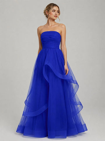 Dreamy Ball Gown Straight Neck Strapless Lace-Up Floor Length Prom Dress