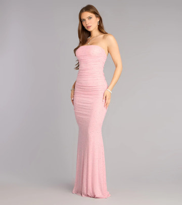 Mermaid Strapless Sleeveless Open Back Floor Length Prom Dress Rhinestone Glitter Formal Gown