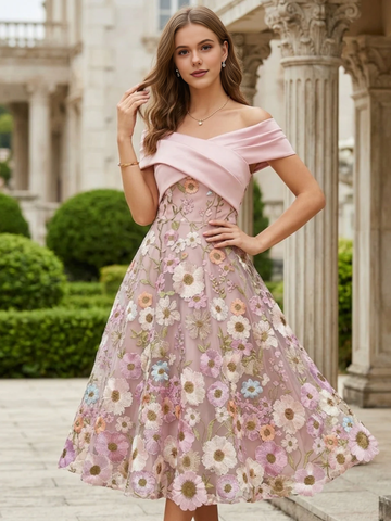 Elegant Floral A-line Off Shoulder Short Sleeve Tea Length Party Dress Floral Lace Embroidery Satin Formal Gown