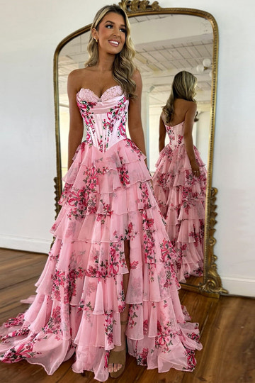 A-Line Floor Length Prom Dresses Elegant Floral Princess Sleeveless Strapless Evening Party Chiffon with Floral Print