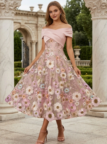 Elegant Floral A-line Off Shoulder Short Sleeve Tea Length Party Dress Floral Lace Embroidery Satin Formal Gown