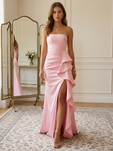 Elegantes Vestidos de Noche Sirena de Satén con Abertura Lateral, Sin Tirantes, Sin Mangas, Espalda Abierta, Largos
