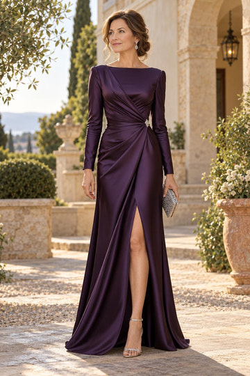 Plum mermaid mother of the bride dress with satin-like finish, boat neckline, long sleeves, asymmetrical ruched waist, jeweled accent and front slit.