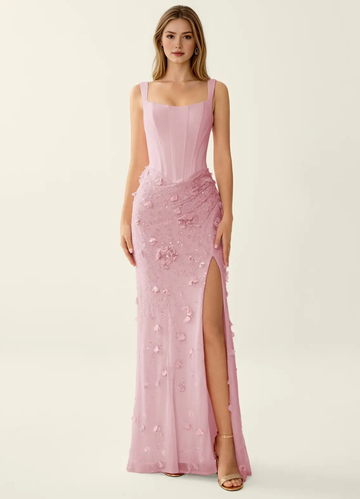 3D Flowers Corset Lace Up Back Mermaid Prom Dress Sheath Square Neck Sleeveless Lace Up Maxi Formal Gown
