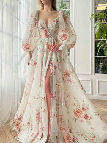 Vestidos largos de fiesta con bordados florales, corte A/Princesa, escote corazón y mangas abullonadas