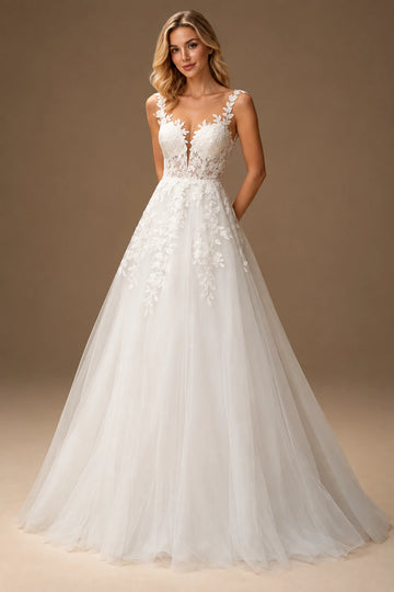 Ethereal A-Line Plunging V-Neck Sleeveless Low Back Floor-Length Wedding Dress