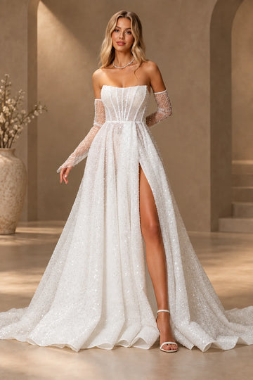 Sparkling A-Line Straight-Across Sleeveless Low Back Floor-Length Slit Wedding Dress
